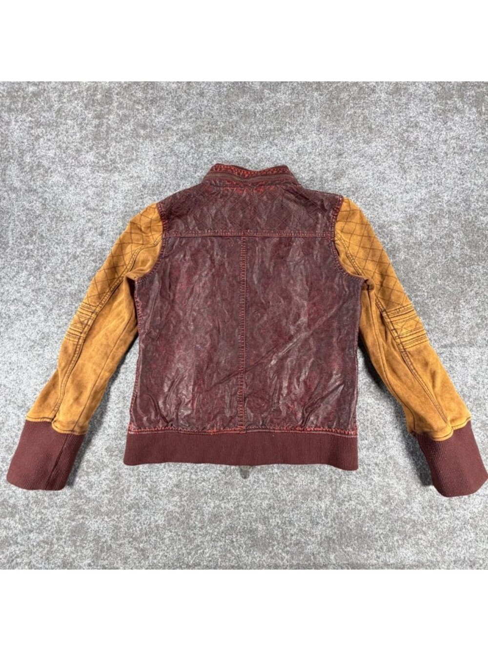 BKE Pieced Full-Zip Jacket Womens XL Burgundy Mustard Faux Leather Ribbed Trim - Picture 2 of 16